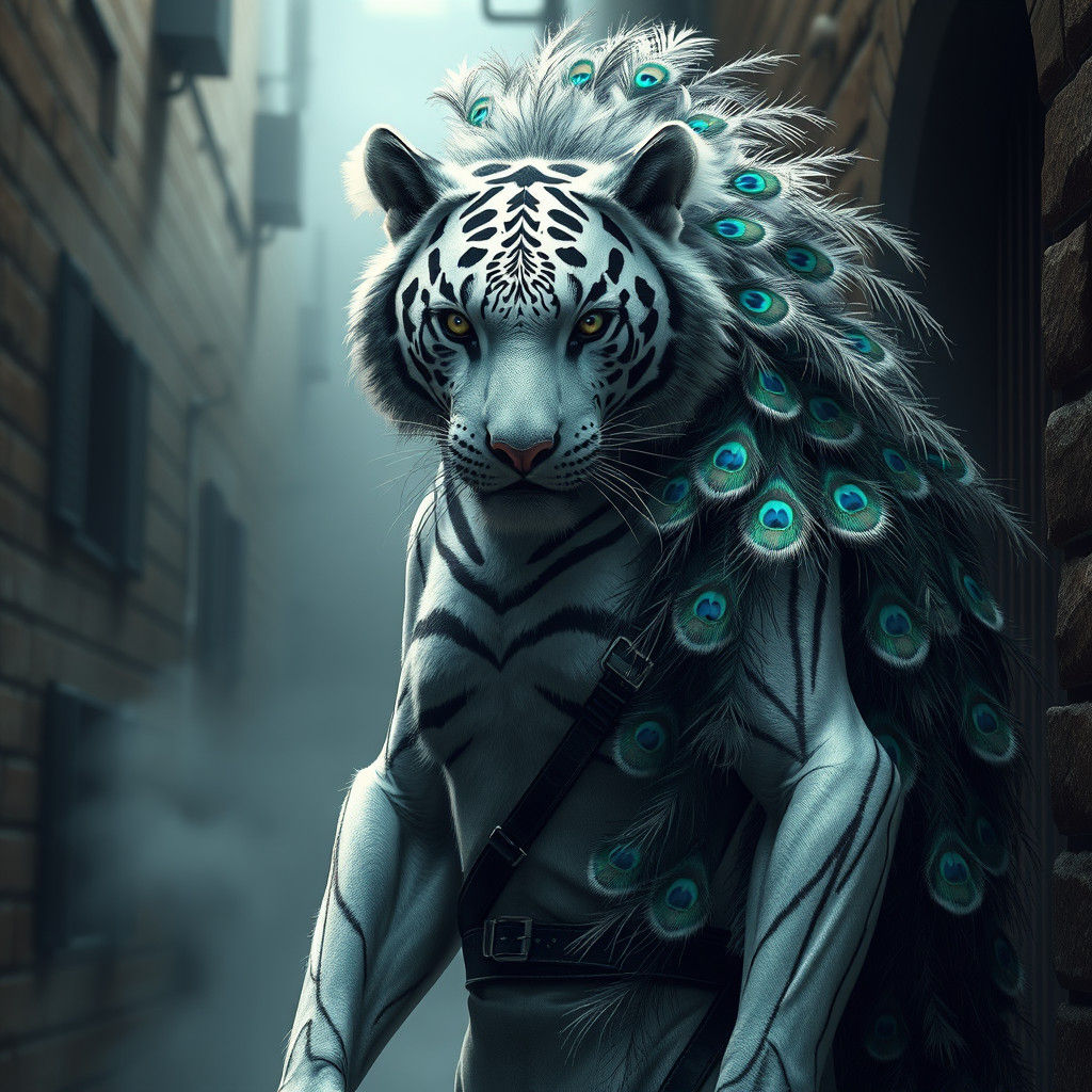 Hybrid Tiger Peacock Assassin in Hyperrealistic Digital Art