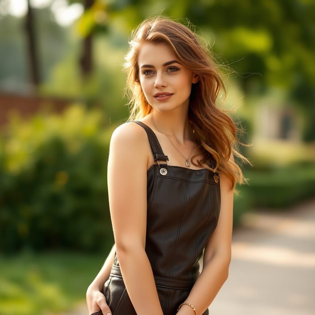 Woman in Leather Overalls, Outdoor Portrait