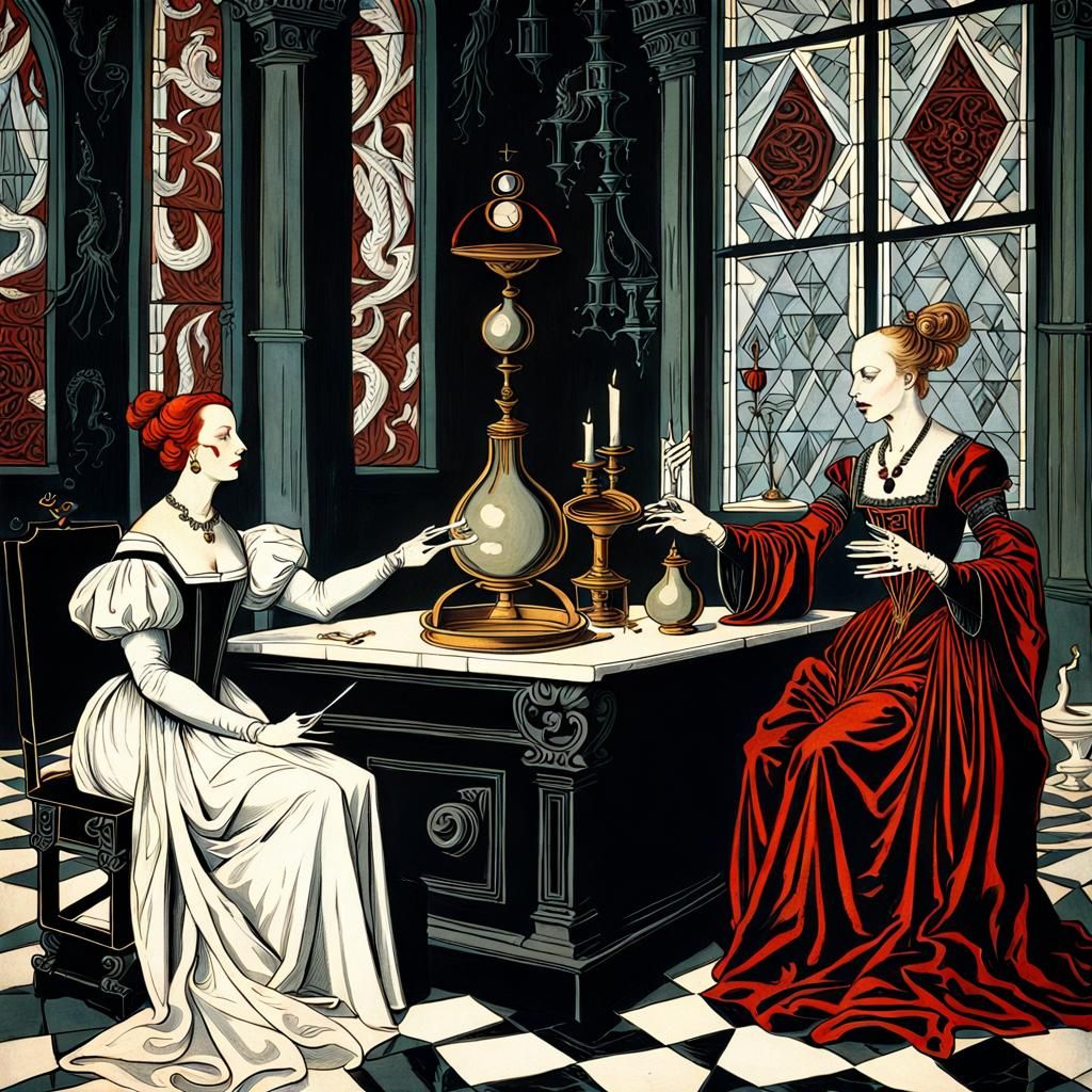 Countess Bathory and Alchemist, Renaissance Art Deco