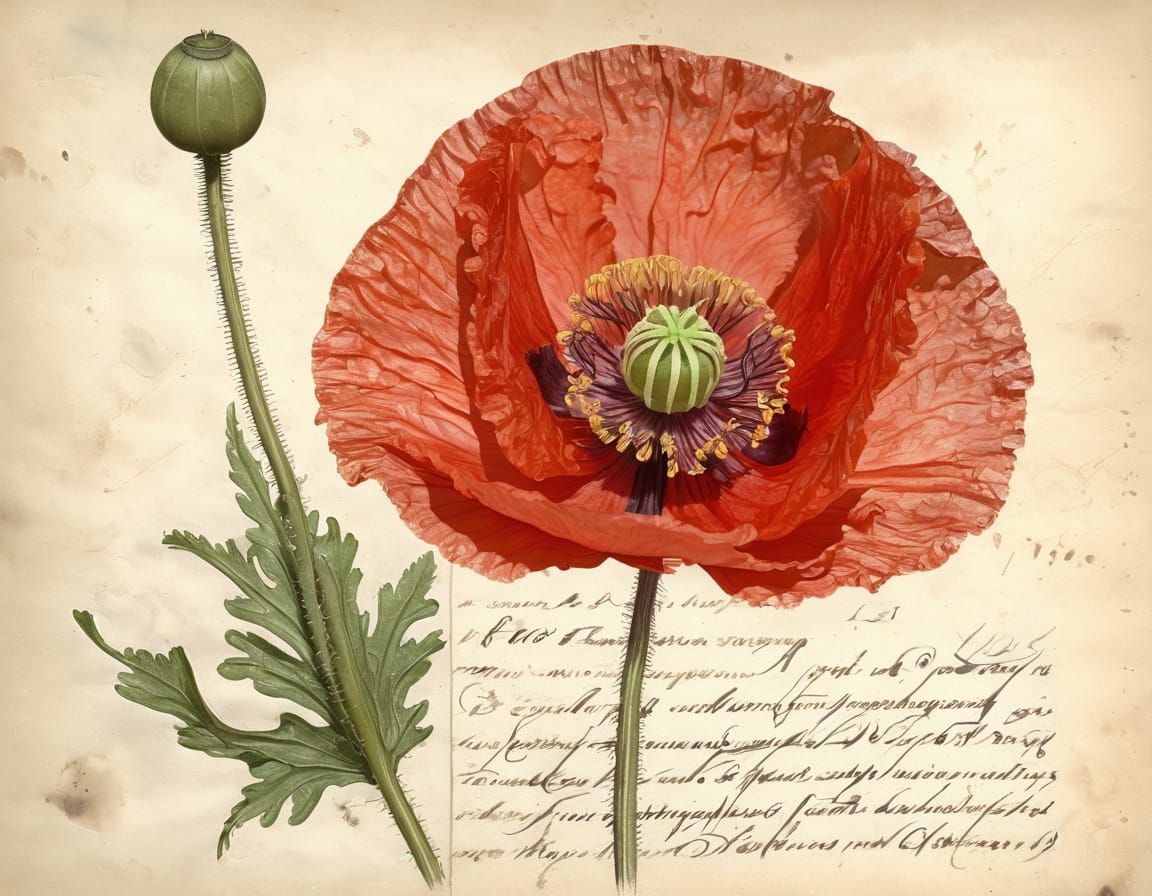 Botanical Watercolor Poppy Illustration in Herbarium Style
