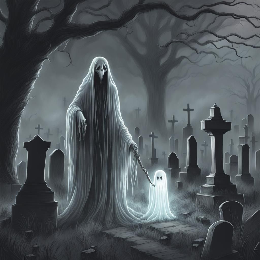 Gossamer Ghost in Graveyard: Horror Pencil Art