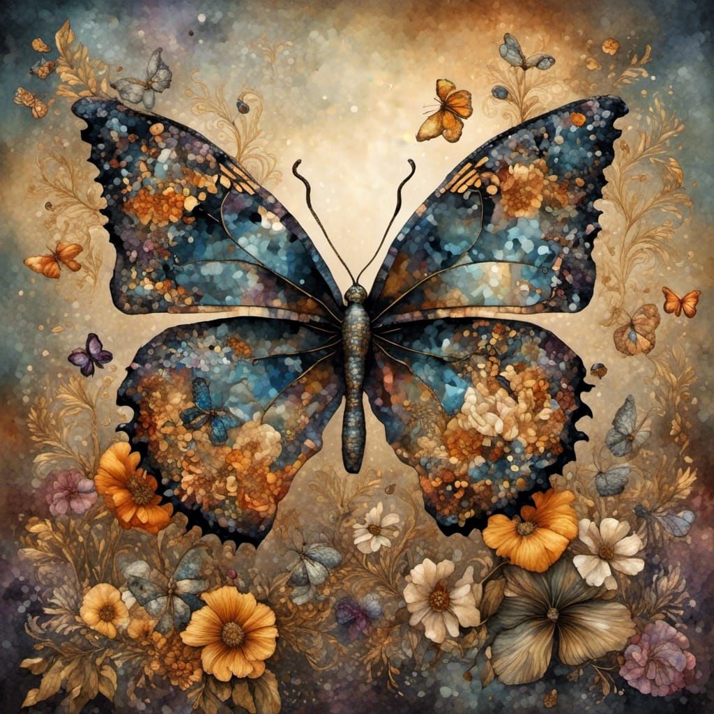 Golden Butterflies on Poppy with Watercolor Background