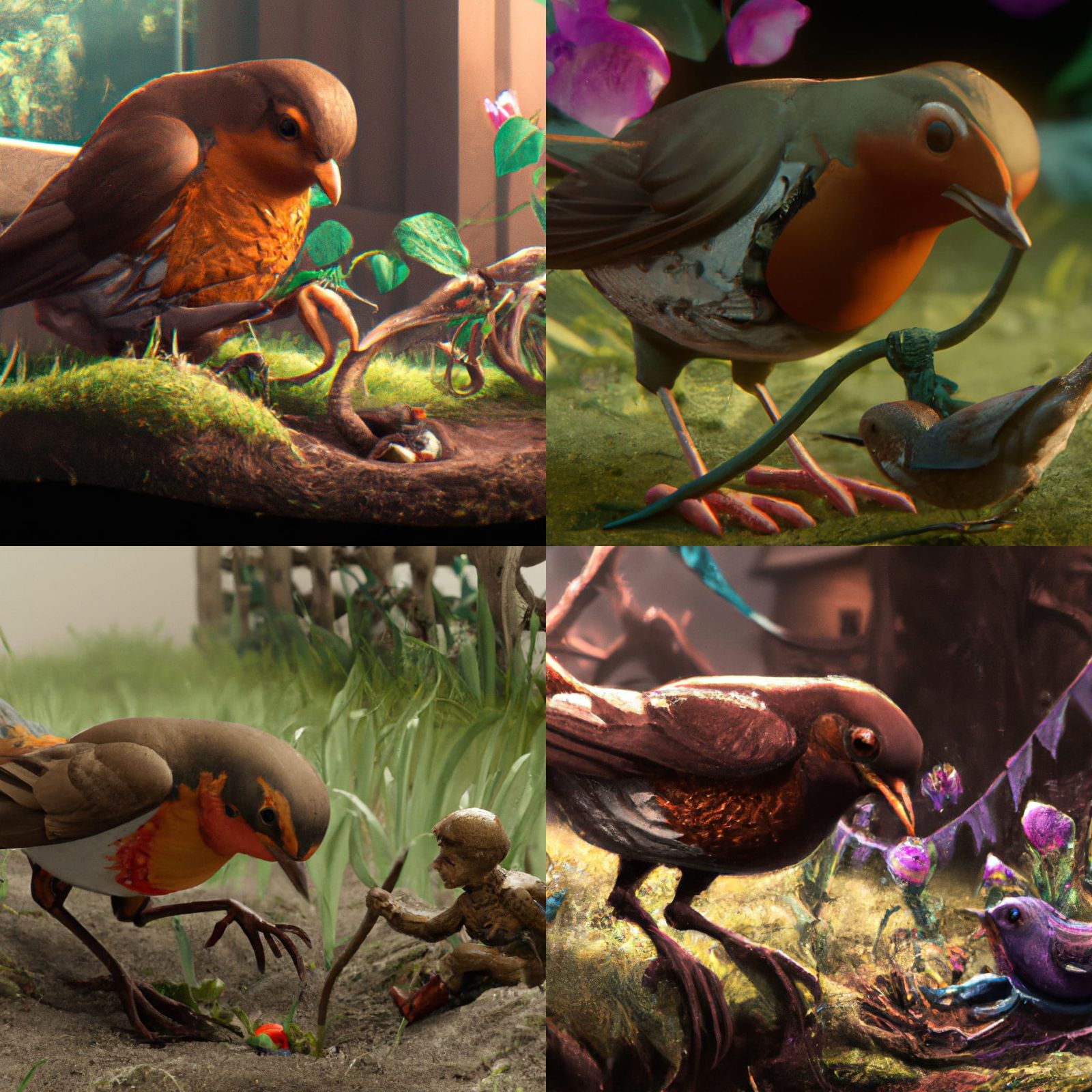 Robin and Earthworm: Hyperdetailed Art Nouveau Scene