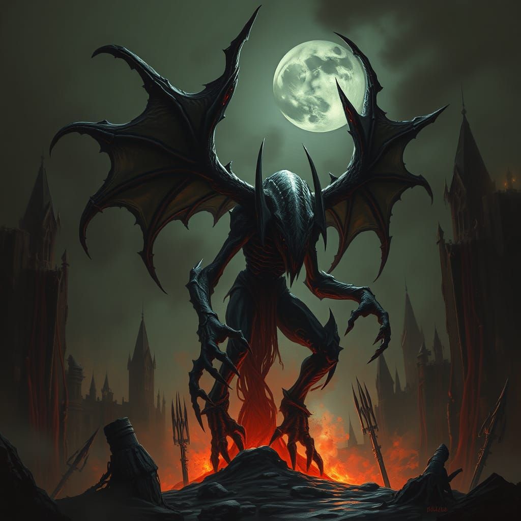 Dark Fantasy Creature in Gothic Architecture