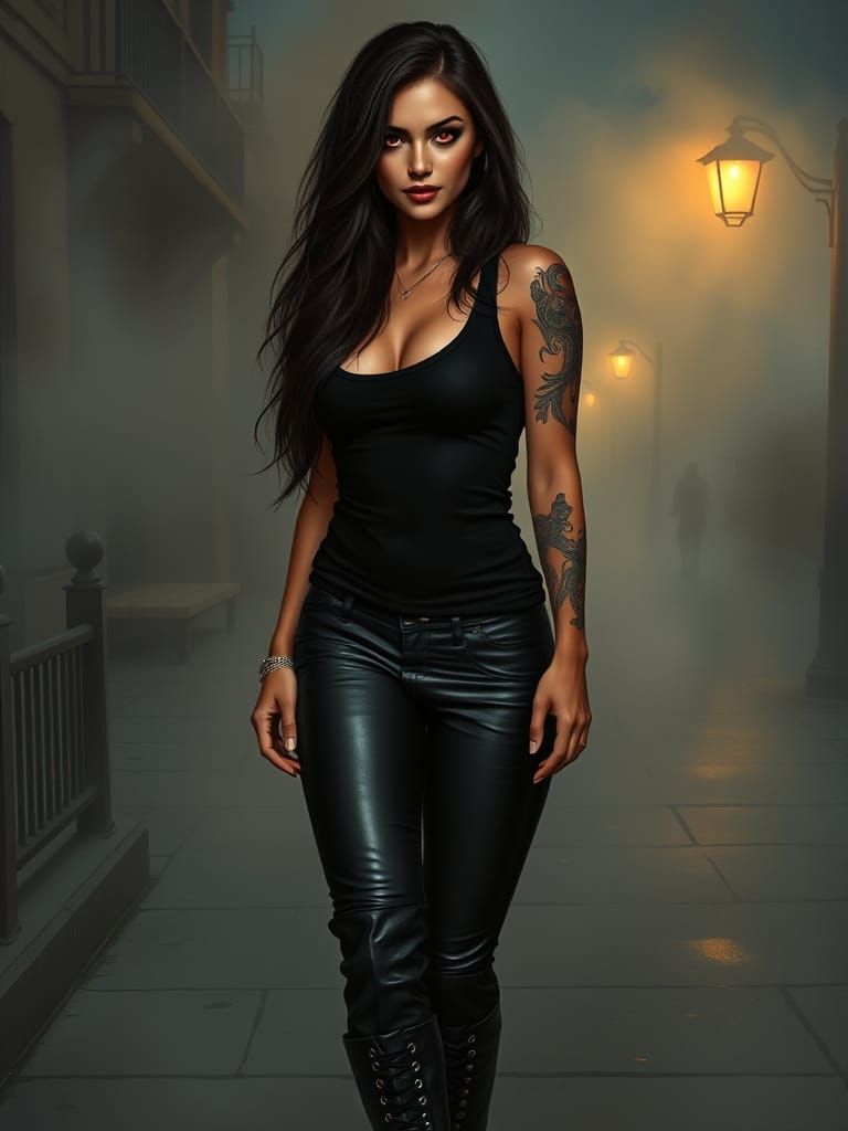 Sultry Woman on Foggy Sidewalk in Matte Painting Style