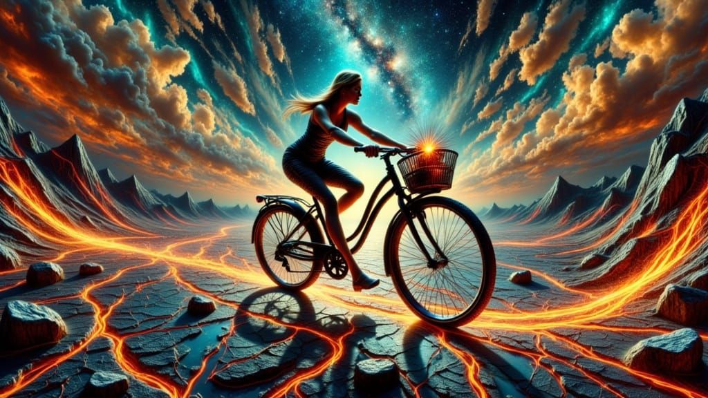 Woman Rides Black Bicycle Along Radiant Pathway