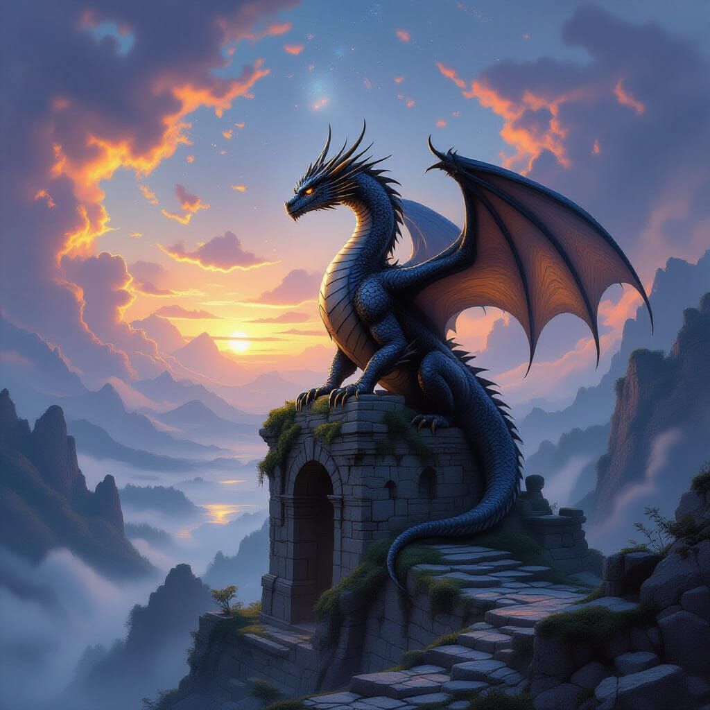 Ancient Obsidian Dragon Over Misty Valley in Fantasy Art Sty...