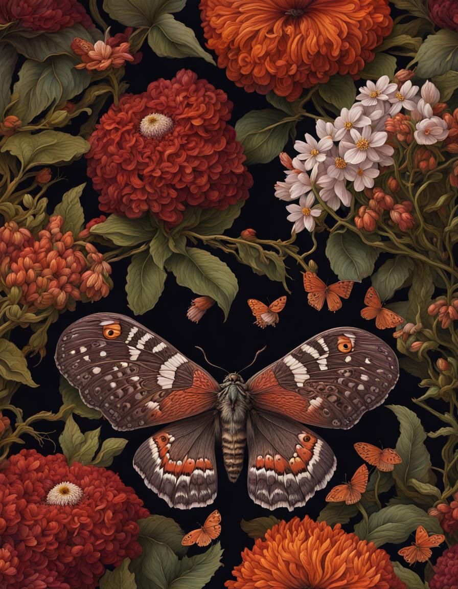 Dark Academia Moth and Flowers