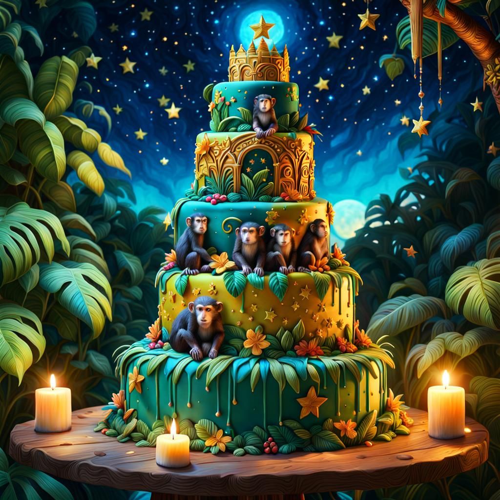 Swinging Monkey's Jungle Scene Happy Birthday Cake