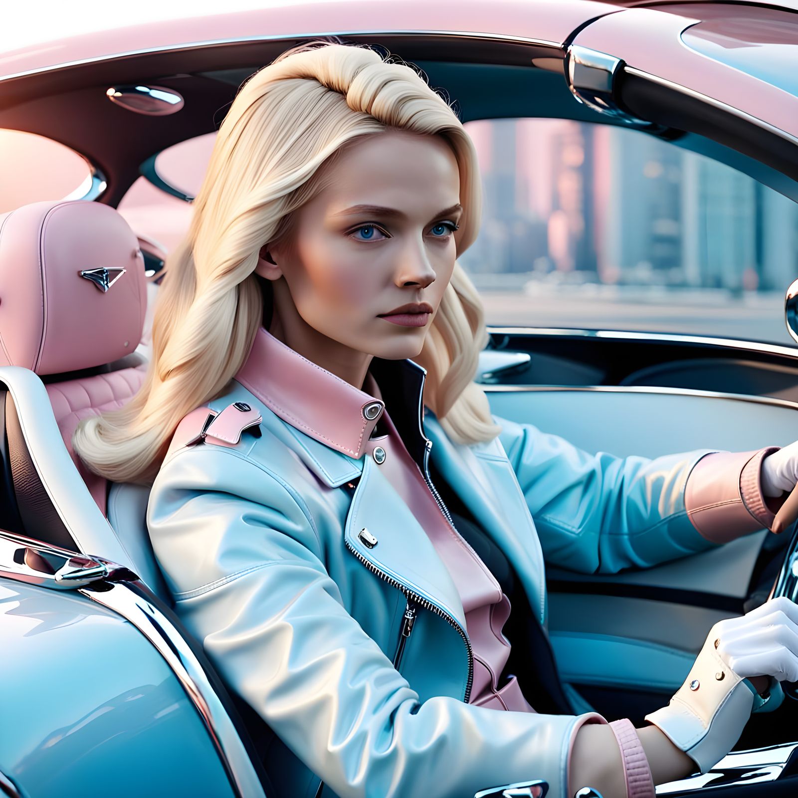 Blonde Nordic Woman Drives Pastel Bugatti