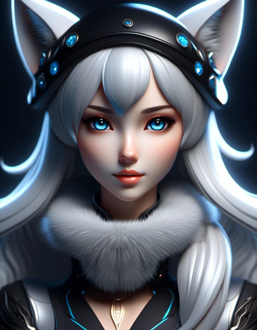 Kawaii kitsune girl, Black, dark gray, and light gray,128k resolution, intricately detailed, maximalist, volumetric ligh...