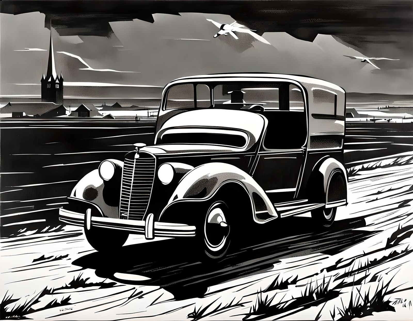 Vintage Car on Dirt Road in Surrealist Style