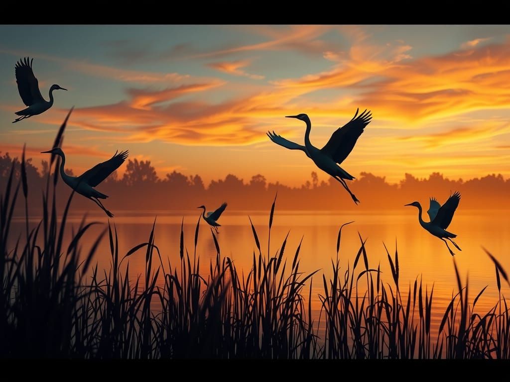 Serene Cranes Silhouetted Against a Vibrant Sunset Sky