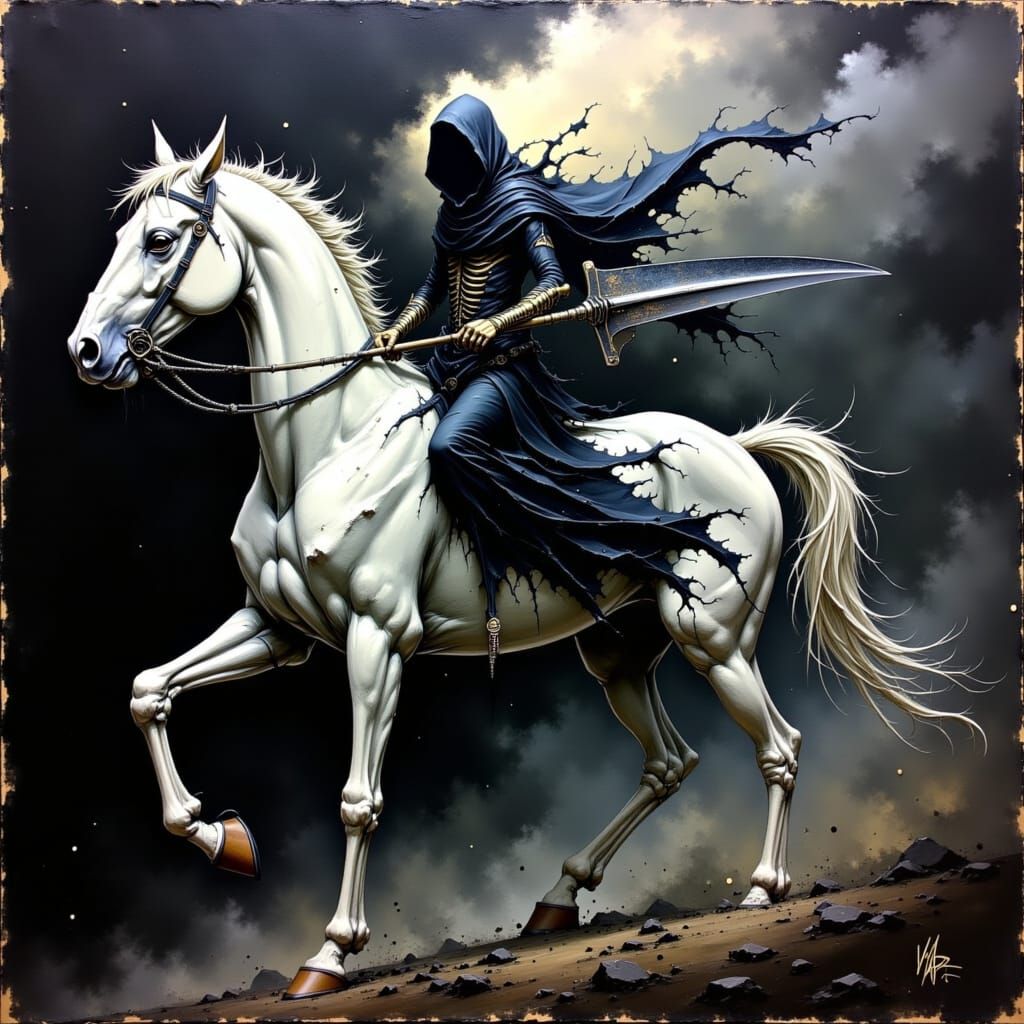 Spectral Grim Reaper on Skeletal Horse as Impasto Painting
