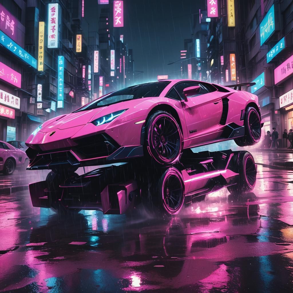 Pink Lamborghini Races in Cyberpunk Anime Style