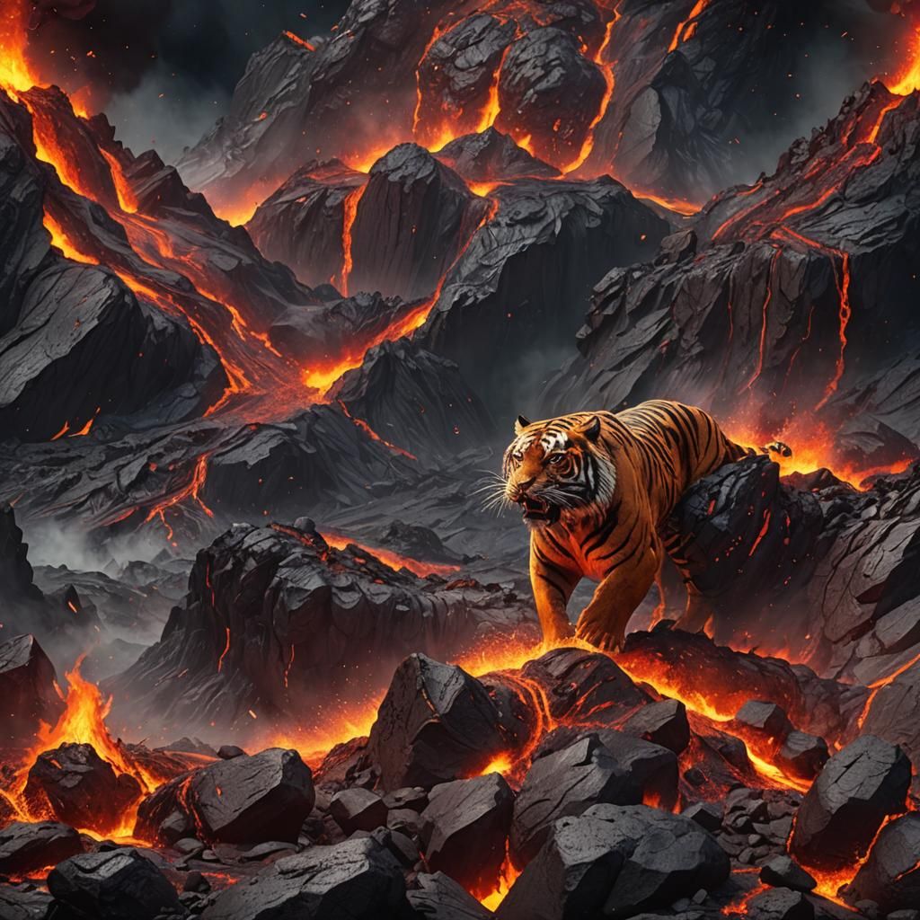 Volcanic Tiger in Fiery Landscape: Digital Art