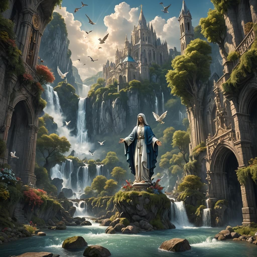 Holy Mary Blessing Lourdes River, Angel in Sky