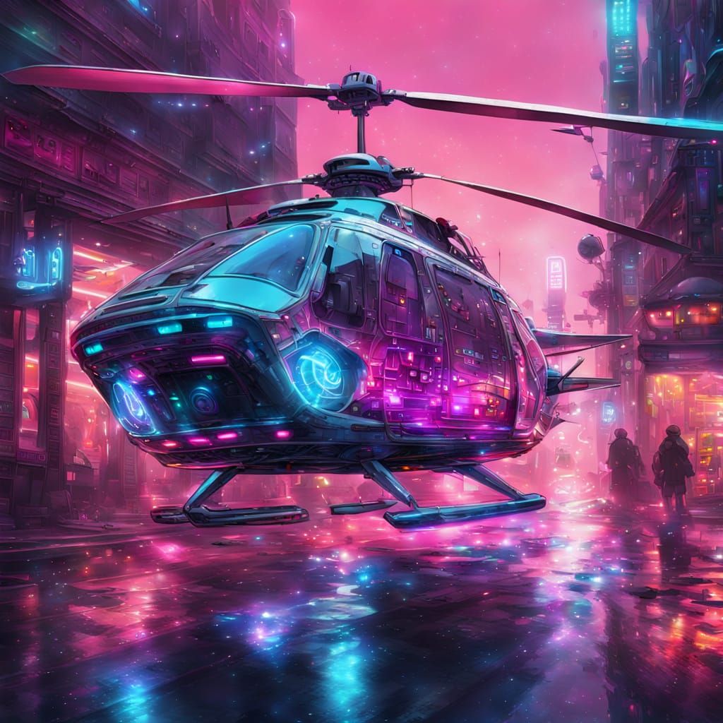 Cyberpunk Helicopter Landing in Neon Cityscape