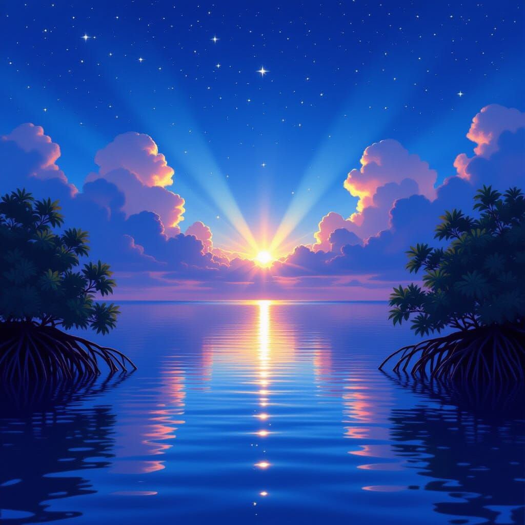 Stars Reflected on Ocean Amidst Mangroves