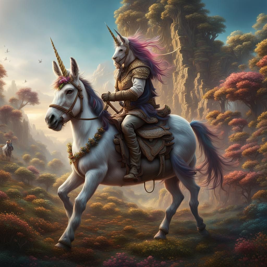 Donkey Riding a Unicorn in Fantasy Landscape