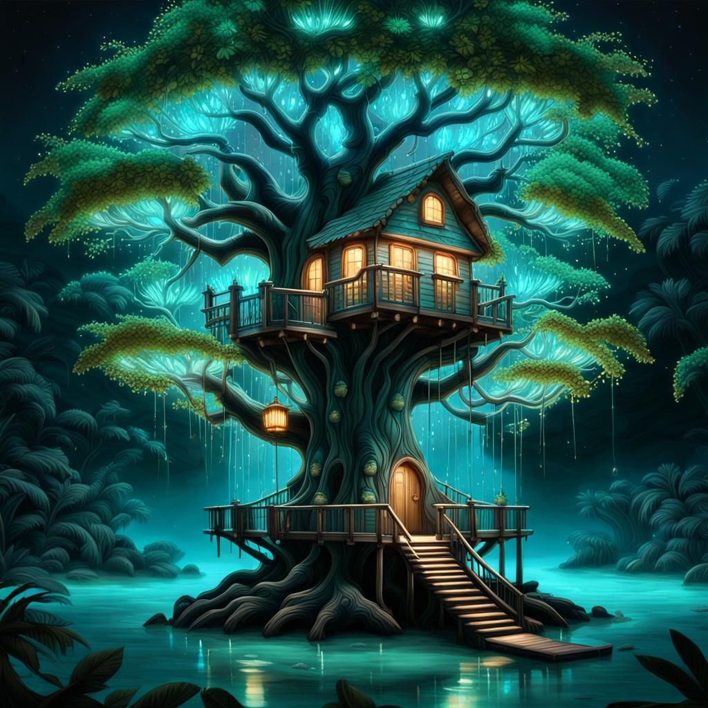 Bioluminescent Treehouse in Tropical Lagoon: Airbrush Art