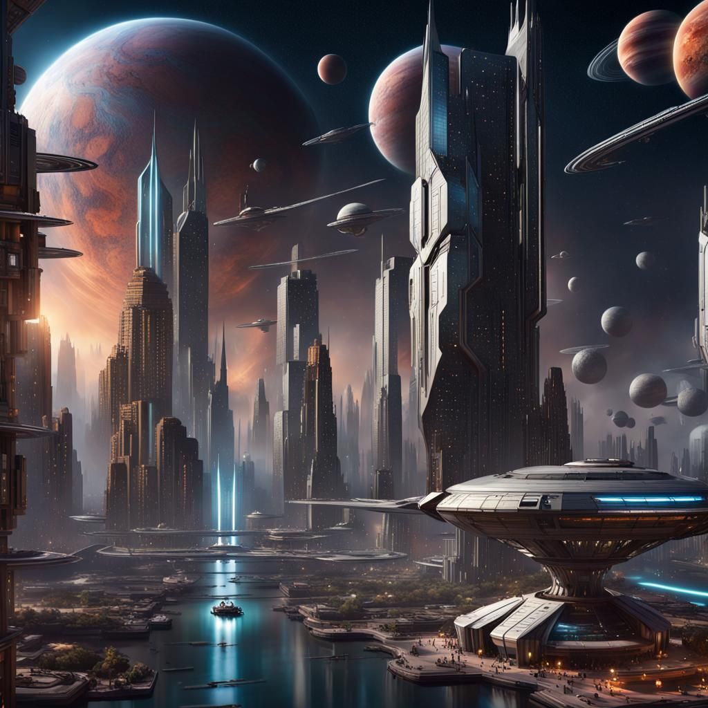 Futuristic Alien Cityscape with Spaceship, Hyperdetailed Con...