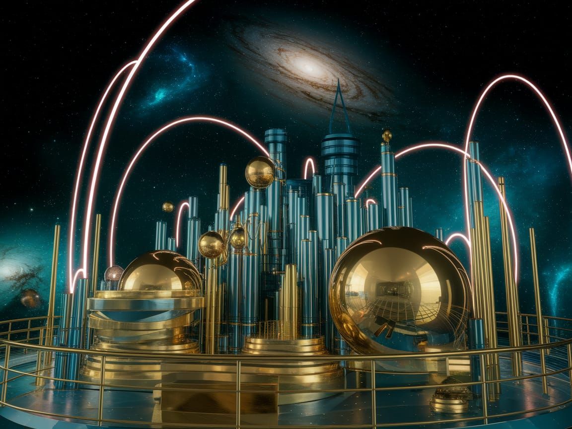 Teslapunk Metropolis with Brass Architecture and Starry Sky