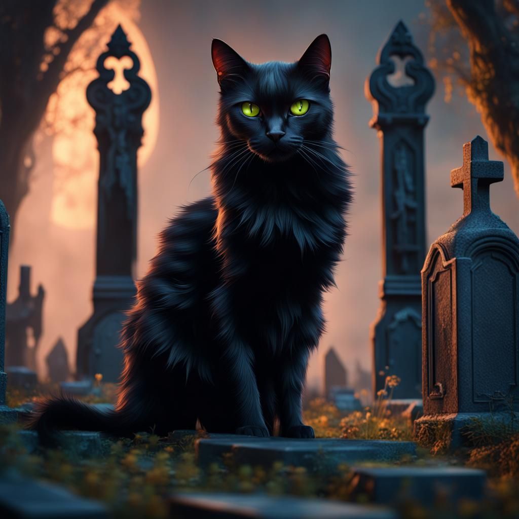 Black Cat in Graveyard Fantasy Concept Art