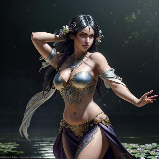 Dark-Skinned Dancer with Violet Eyes in Orchard Setting