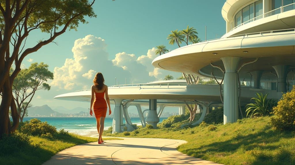 Utopian Frutiger Aerodynamic Cityscape with Serene Woman