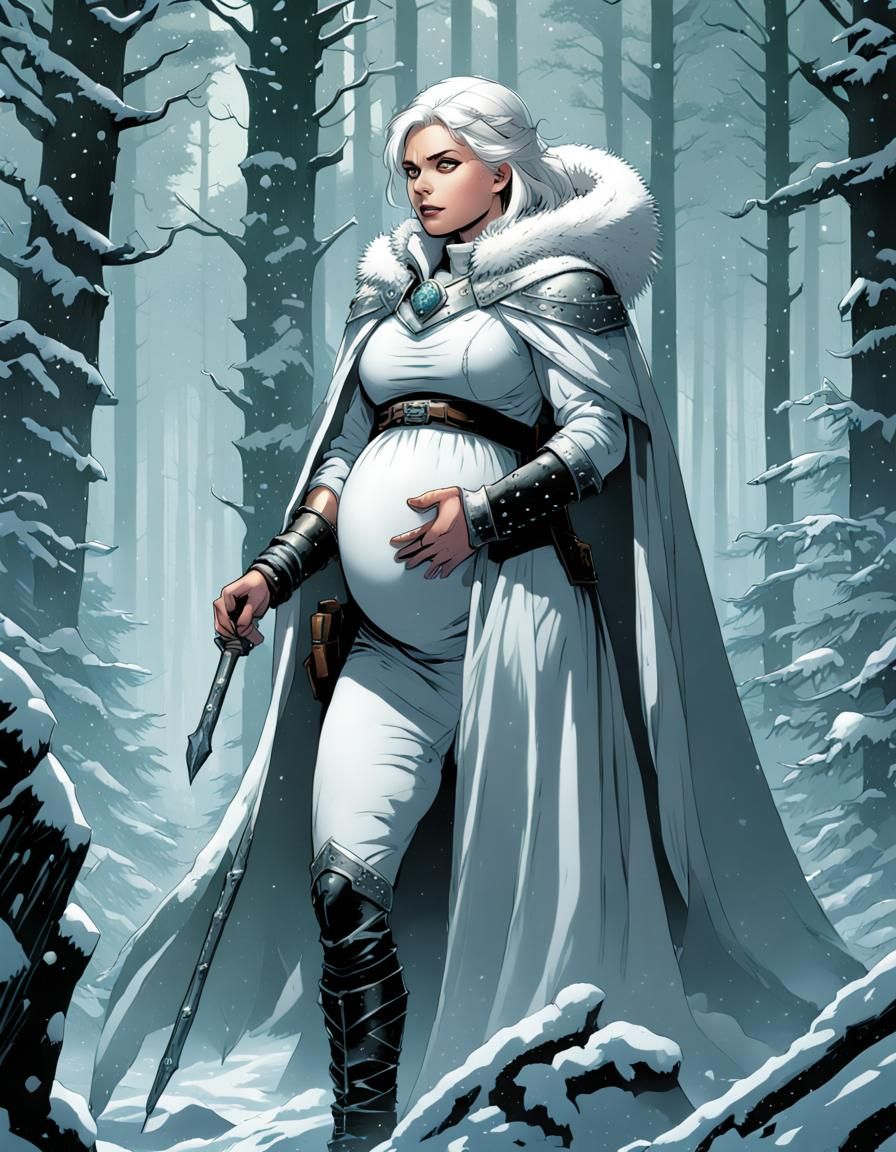 Pregnant White-Haired Ranger in Snowy Forest, Comic Art