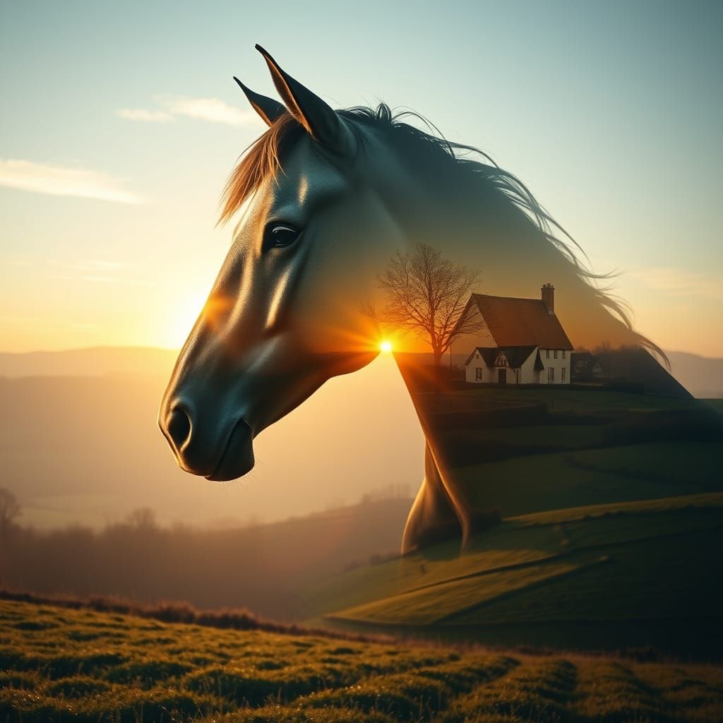 Majestic Horse Head with Sunrise Countryside Double Exposure