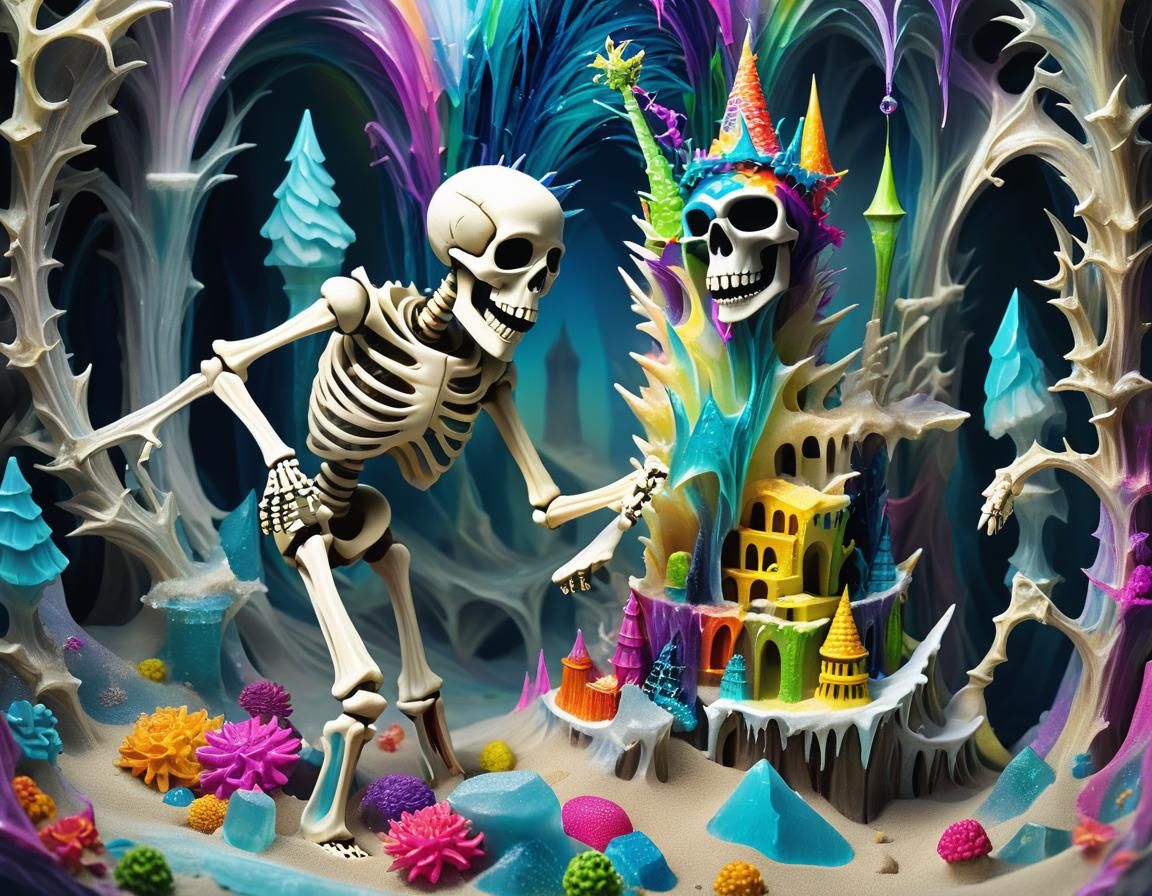 Surreal Icecore Sandcastle with Dancing Skeleton