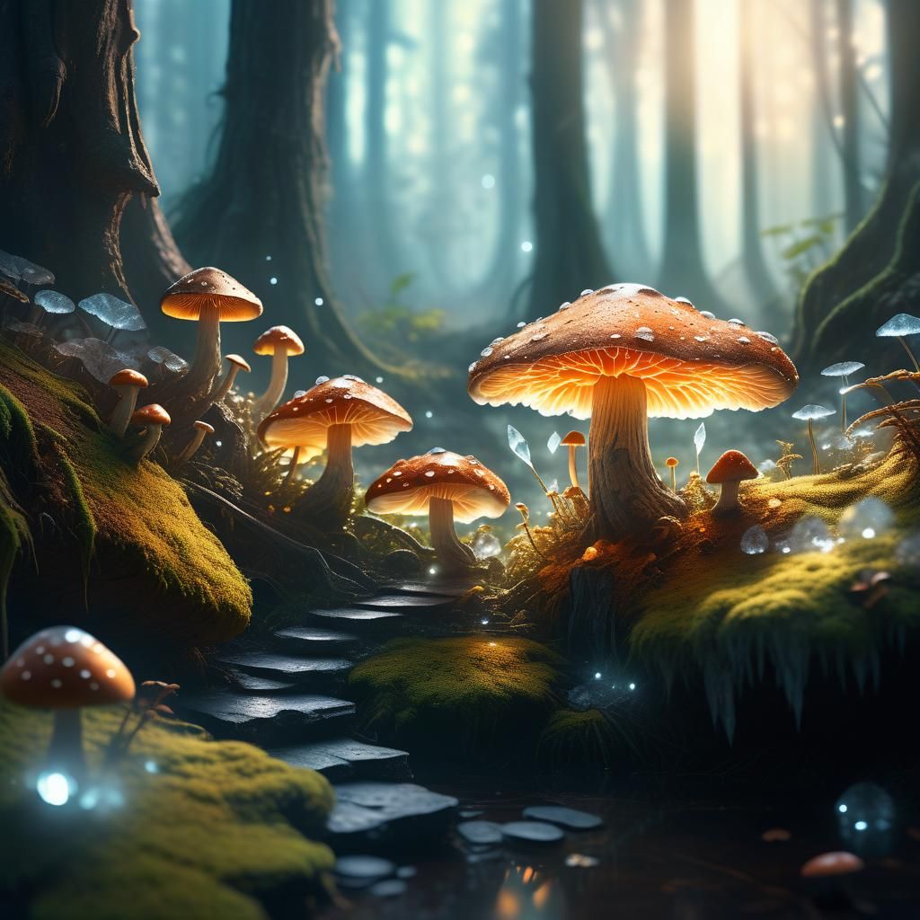 Lush Forest Crystal Formation with Glowing Mushrooms