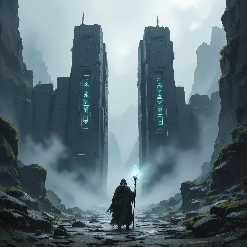 Wanderer at Obsidian Gates in Eerie Twilight