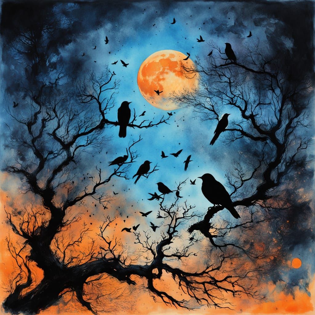Ethereal Moonlit Landscape with Birds in Ink and Watercolor