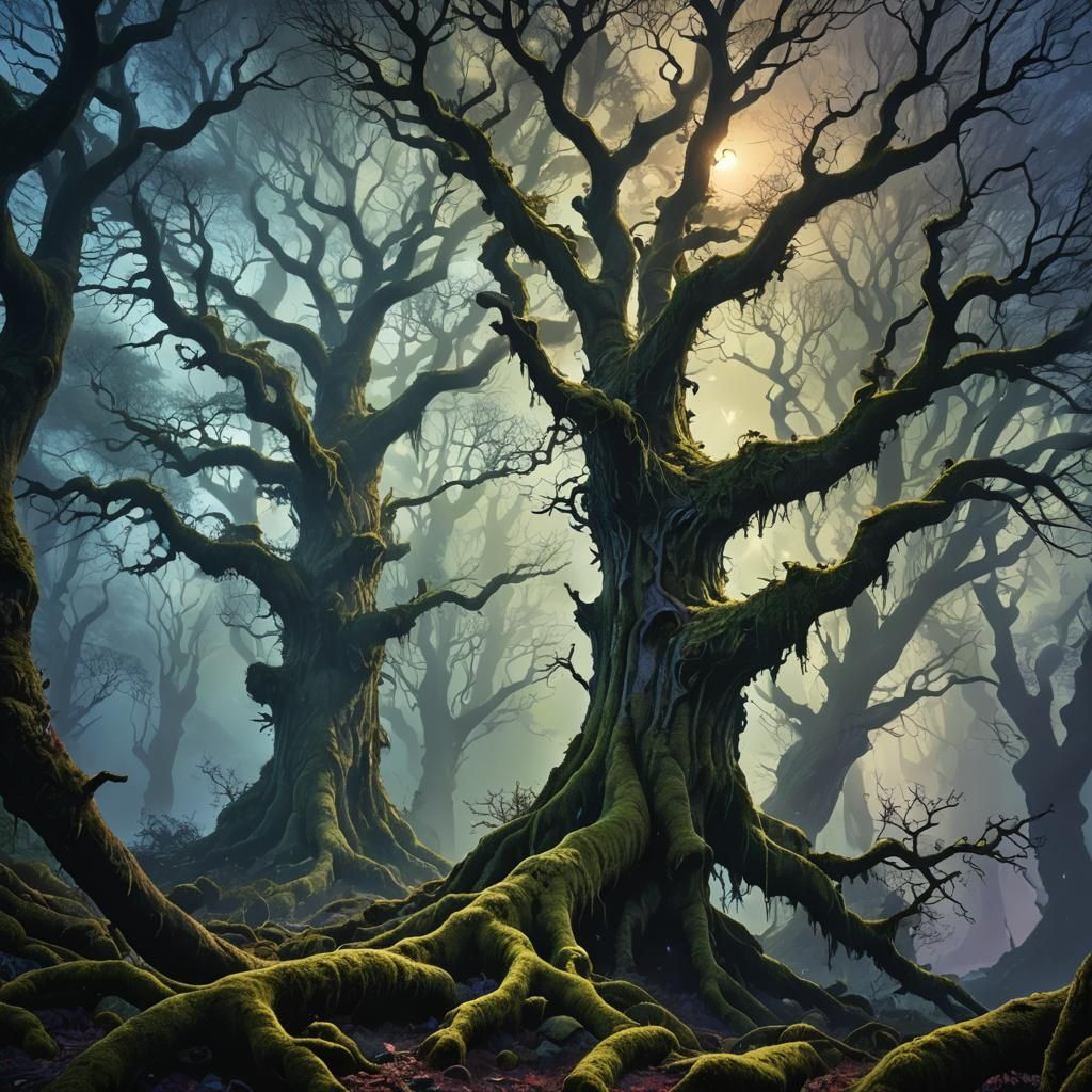 Mystical Forest Scene with Ethereal Moonlight