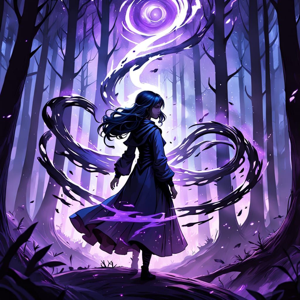 Ethereal Shadow Girl in Cosmic Forest