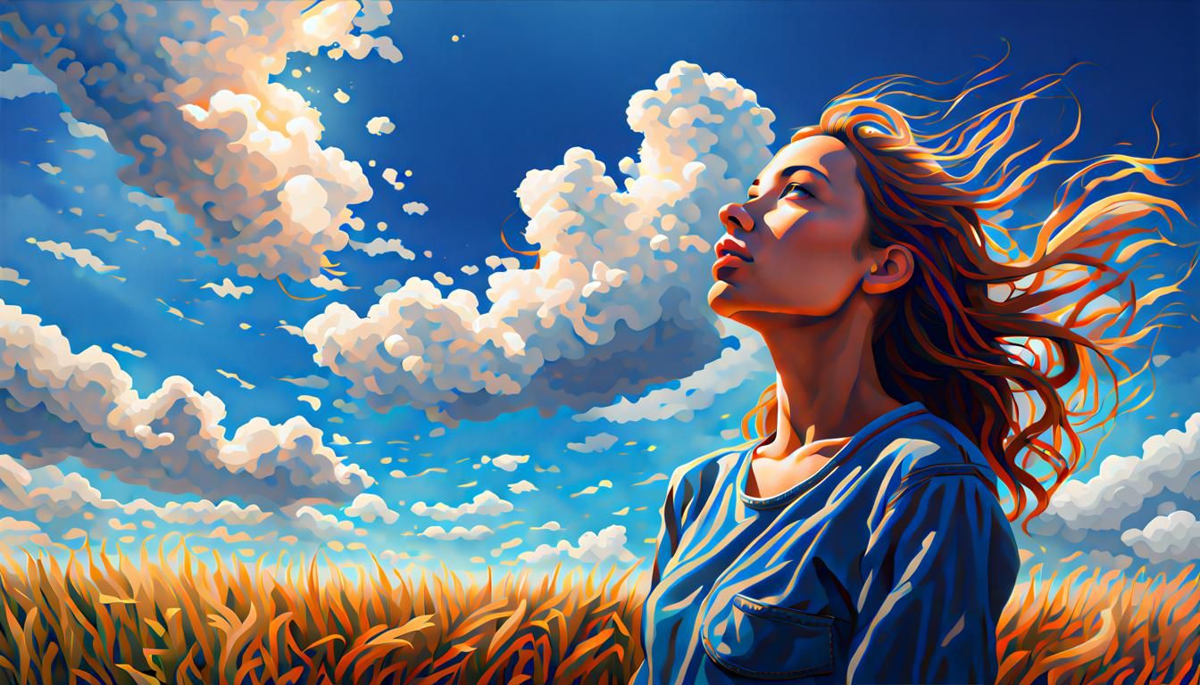 Hyperrealistic Young Woman in Field of Shaped Clouds
