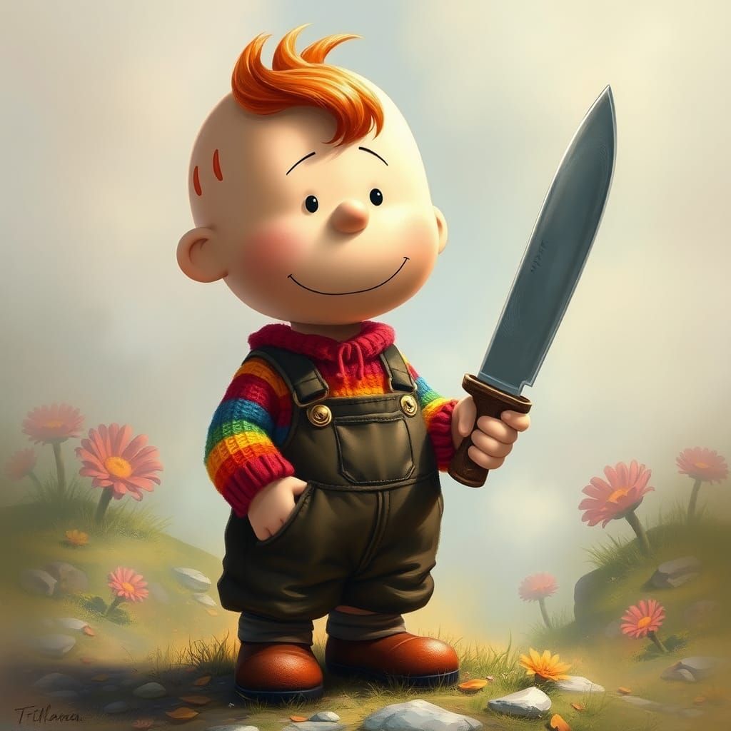Hyperdetailed Charlie Brown with Knife in Fantasy Style