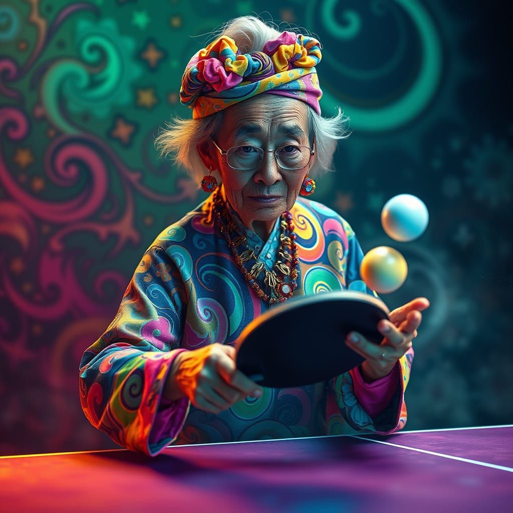Vibrant Centenarian Table Tennis Prodigy in Kaleidoscopic At...