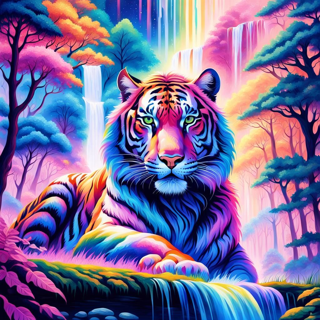 Cosmic Tigress Lounging in Fantasy Forest