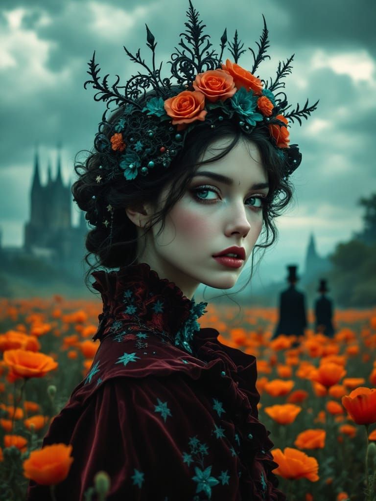 Victorian Gothic Queen in Poppy Field