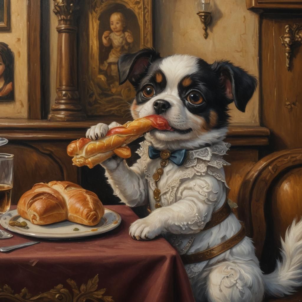 Pixar Dog Eats Baguette: Renaissance Oil Painting