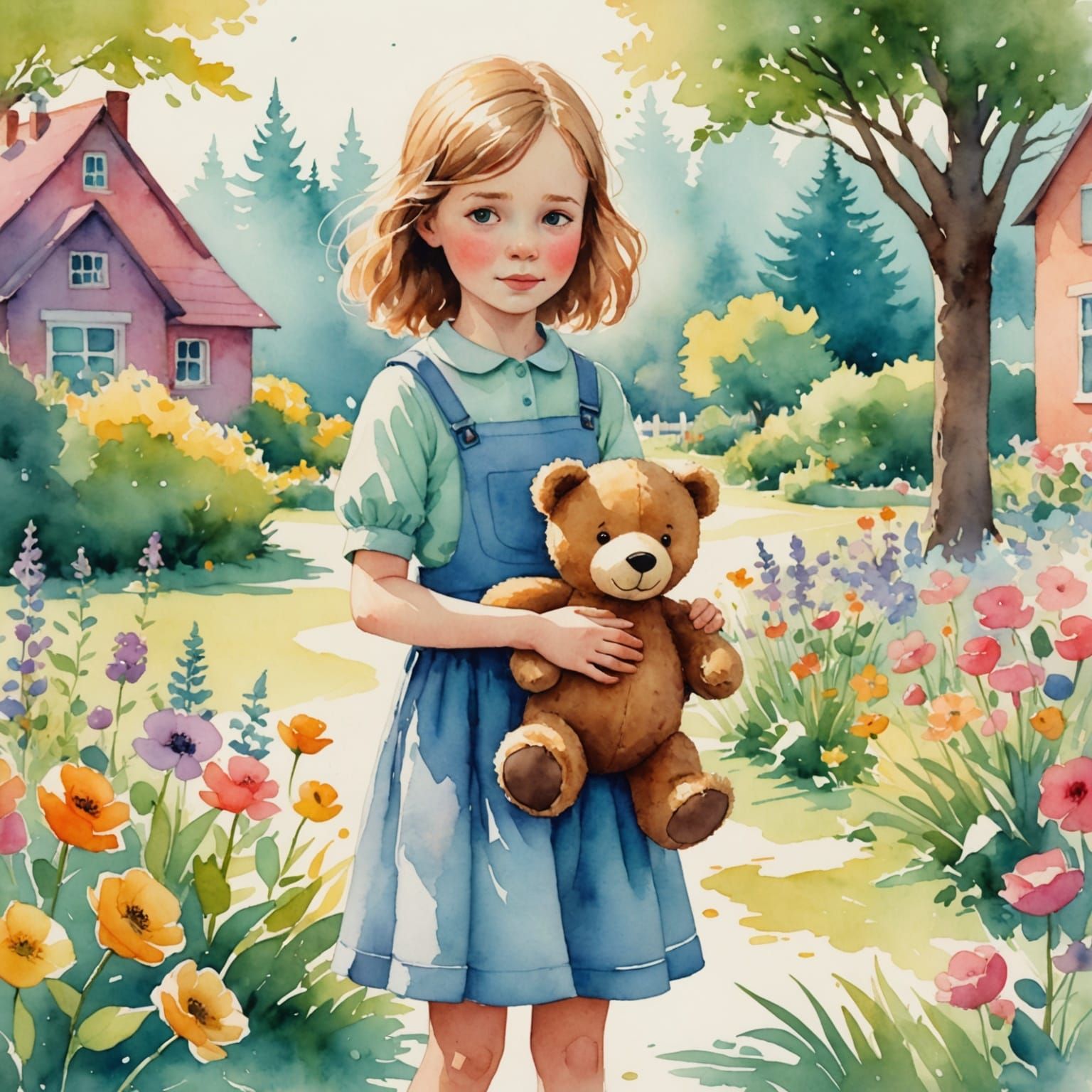 Girl with Teddy Bear in Watercolor Garden