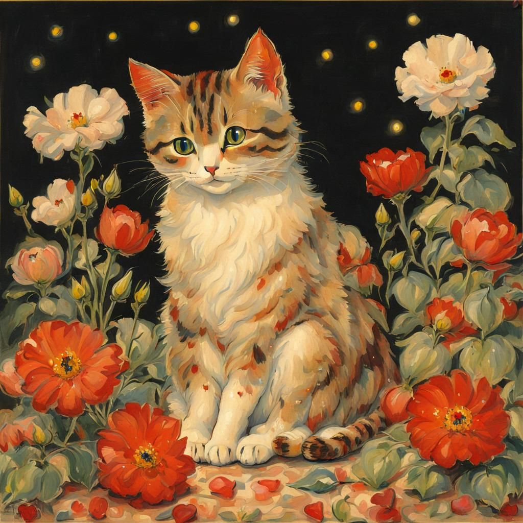 Cat Surrounded by Flowers in Modern Art Style