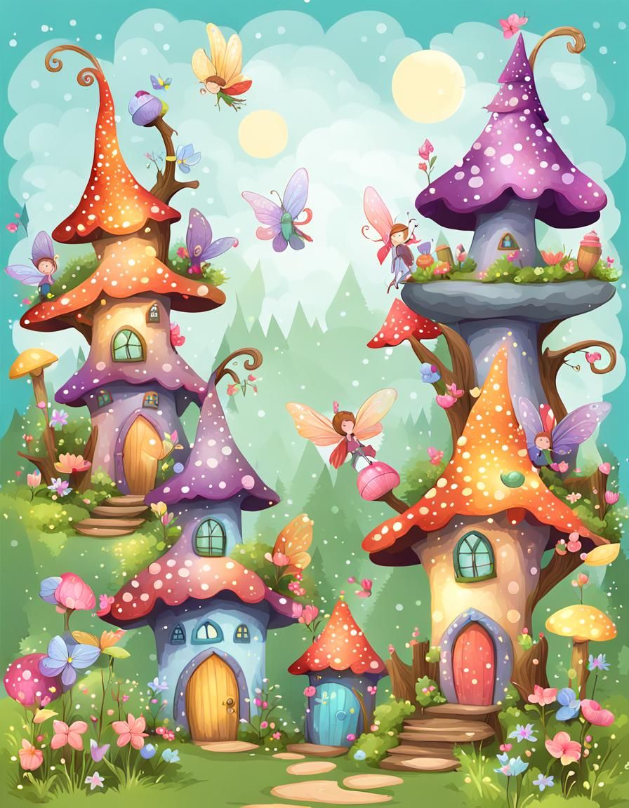Magical Fairy Village in Clipart Style