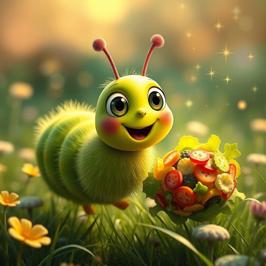 Cartoon Caterpillar's Salad Surprise in Storybook Style