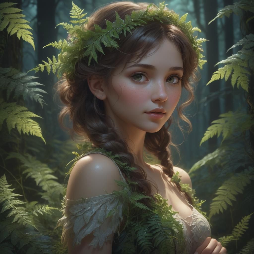 Woman Seeks Fern Flower in Dark Forest