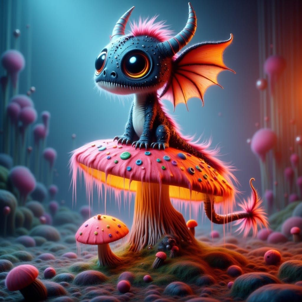 Whimsical Chibi Dragon on Glowing Mushroom